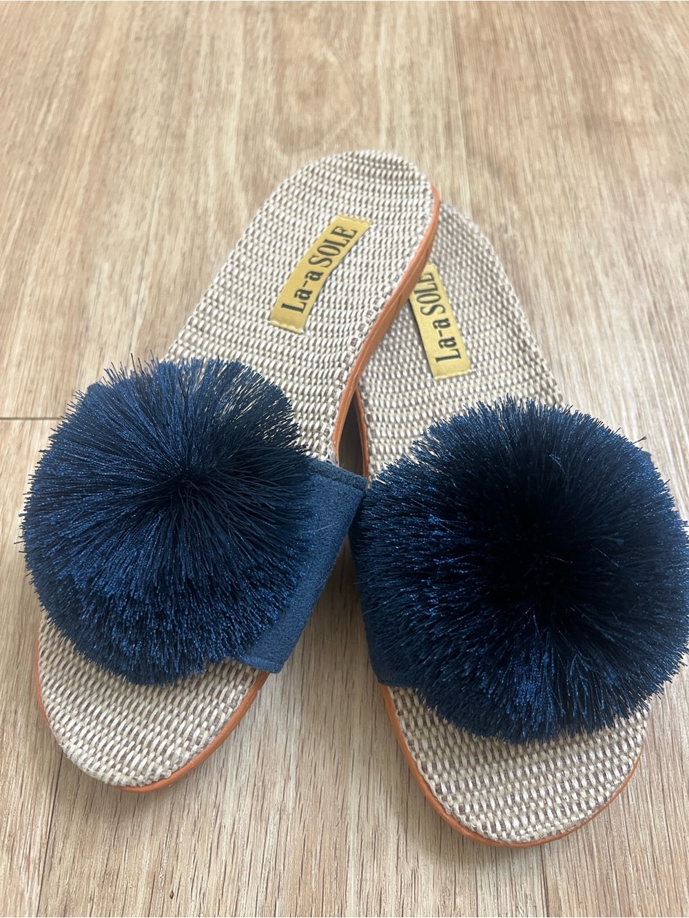 La a SOLE Navy Pom-Pom Slide Mules for Women